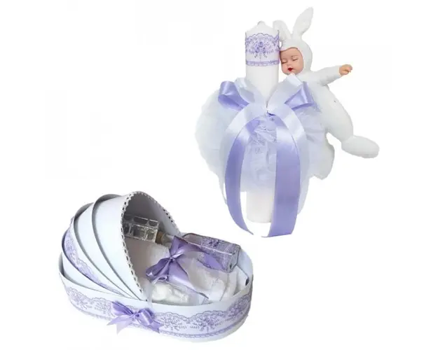 Trusou botez in landou si lumanare cu iepuras, decor lila Denikos® 581