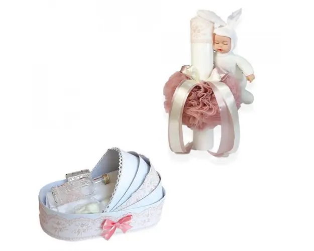 Trusou botez in landou si lumanare cu iepuras, decor roz pudra Denikos® 170