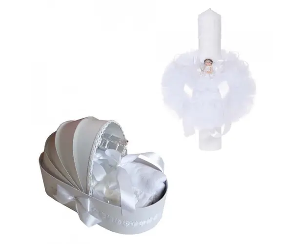 Trusou botez in landou si lumanare cu ingeras, decor alb Denikos® 110