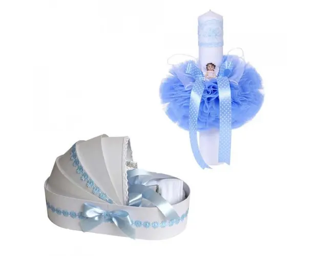 Trusou botez in landou si lumanare cu ingeras, decor bleu Denikos® 111