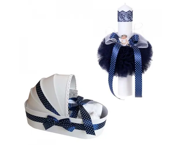 Trusou botez in landou si lumanare cu ingeras, decor bleumarin Denikos® 112