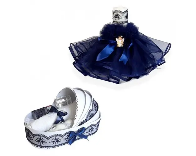 Trusou botez in landou si lumanare cu ingeras, decor bleumarin Denikos® 165