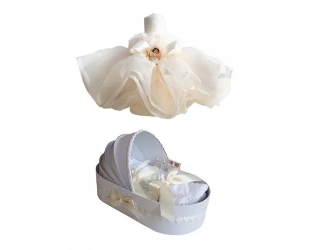 Trusou botez in landou si lumanare cu rochita si ingeras, decor ivoire Denikos® 129
