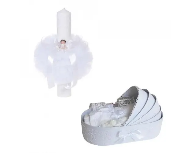 Trusou botez in landou si lumanare glob cu ingeras, decor alb Denikos® 163