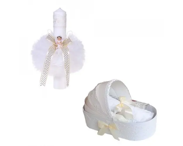 Trusou botez in landou si lumanare glob cu ingeras, decor ivoire Denikos® 162