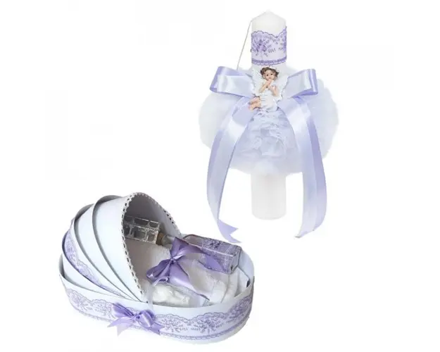 Trusou botez in landou si lumanare glob cu ingeras, decor Lila, Denikos® 586