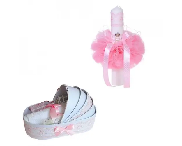 Trusou botez in landou si lumanare glob cu ingeras, decor roz Denikos® 159