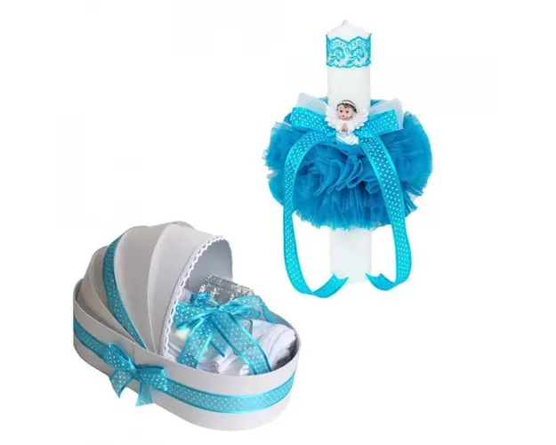 Trusou botez in landou si lumanare glob cu ingeras, decor Turcoaz, Denikos® 589