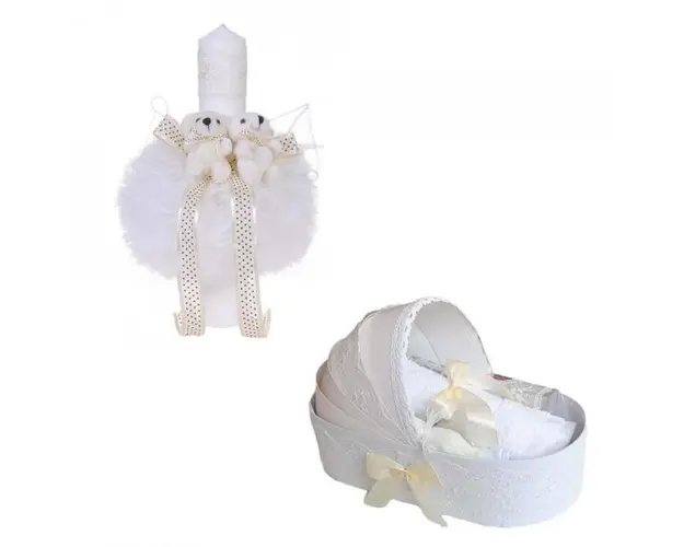Trusou botez in landou si lumanare glob cu ursuleti, decor ivoire Denikos® 157