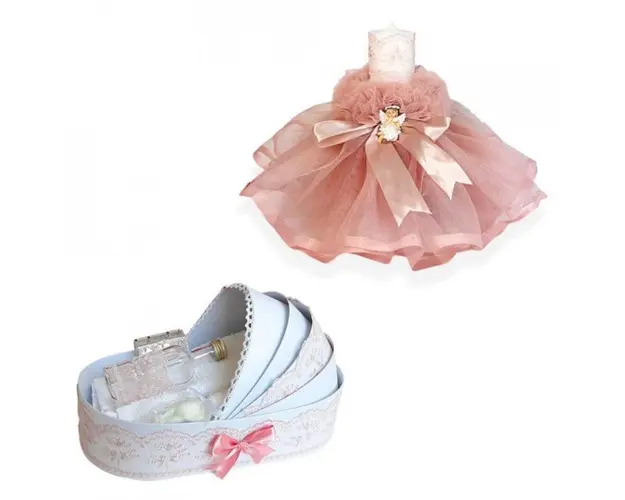Trusou botez in landou si lumanare rochita cu ingeras, decor dusty rose Denikos® 168