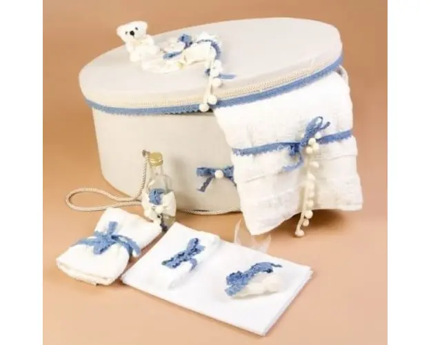 Trusou botez si cutie decorata cu fundite si dantela bleu LG101