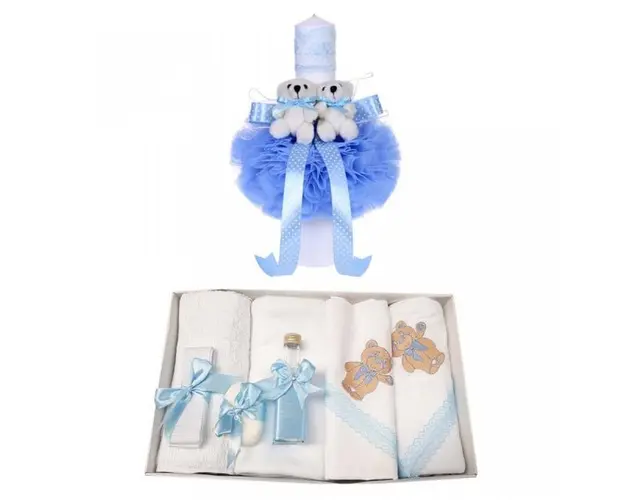 Trusou botez ursulet si lumanare pentru baietel, bleu, Denikos® 97