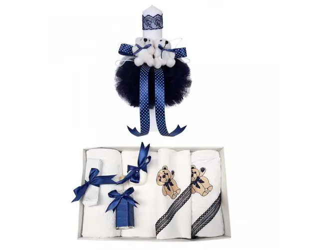 Trusou botez ursulet si lumanare pentru baietel, decor bleumarin, Denikos® 98