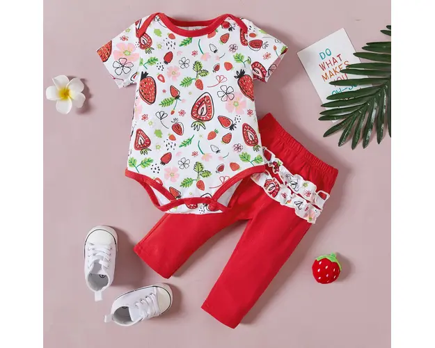 Body Fetite Cu Pantaloni Rosii Capsuni - 9-12 luni
