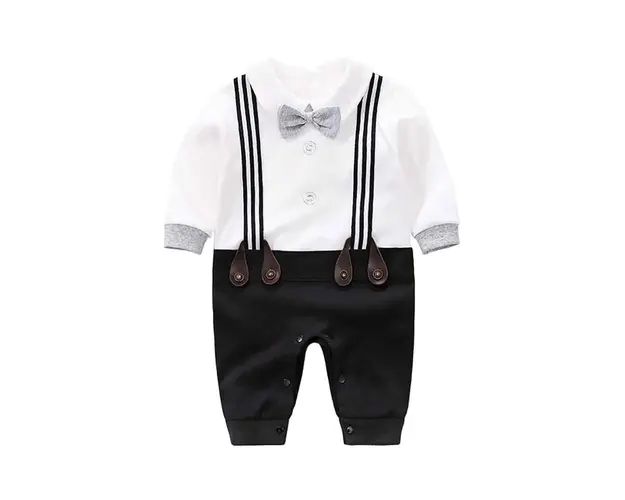 Costum Baieti Alb Cu Bretele Romeo - 6-9 luni