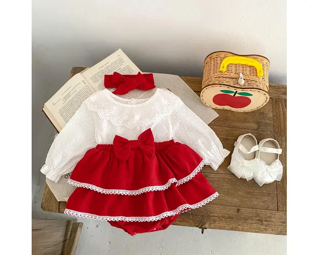 Rochita Fetita Rosie Cu Dantela Alba - 9-12 luni