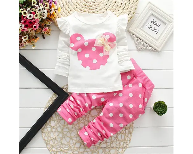 Costum Fetite Pantaloni cu Buline Roz - 6-9 luni