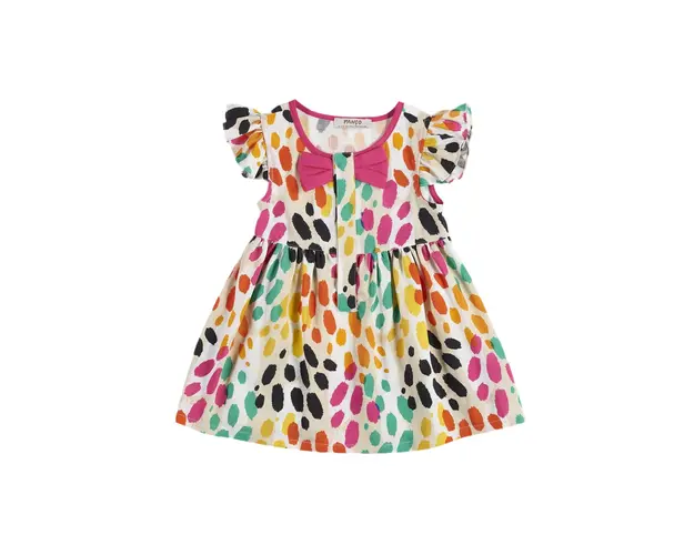 Rochie cu fundita roz si volane la maneci PANCO - Hope, Bej cu buline colorate, pentru fetite