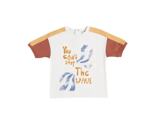 Tricou cu imprimeu si maneci colorate PANCO - Wave Crew, Ecru, pentru baietei