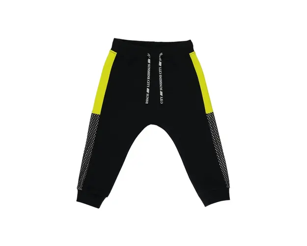 Pantaloni sport cu dunga galbena in parti PANCO - City Boys, Negru si Galben Fosforescent, pentru baietei