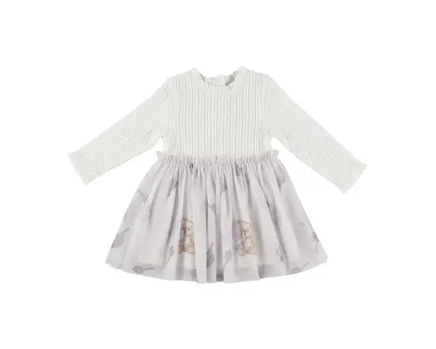 Rochie tricotata cu fusta din tull PANCO - Cute Bear, Ecru, pentru fetite