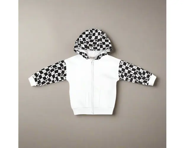 Hanorac cu gluga si fermoar PANCO - Feeling Good, Alb si carouri, pentru baietei