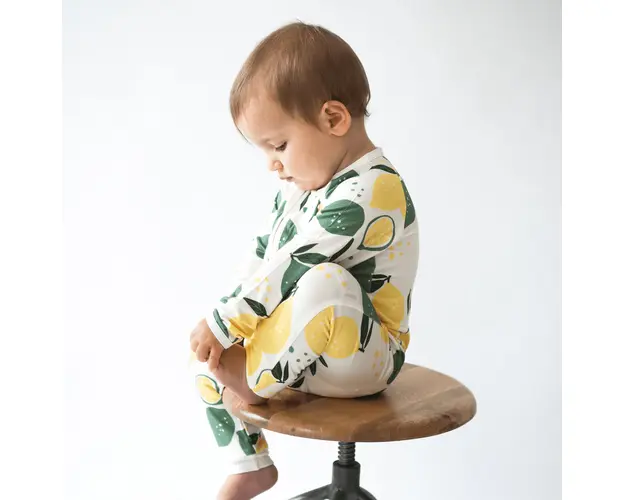 Pijamale lungi din bambus cu fermoar reversibil, ZIPSTER - Lemons, Alb Verde Galben, pentru baieti