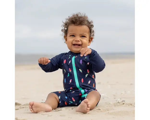 Costum de baie cu protectie solara UPF 50+, ZIPSTER - Swimster Ice Pop, Albastru Navy cu model inghetata, pentru fetitesaubaietei