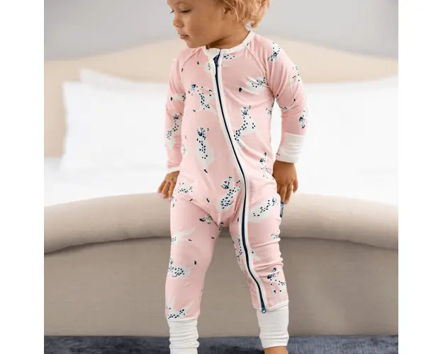 Pijamale lungi din bambus cu fermoar reversibil, ZIPSTER - Dalmatians, Roz pal, pentru fetite