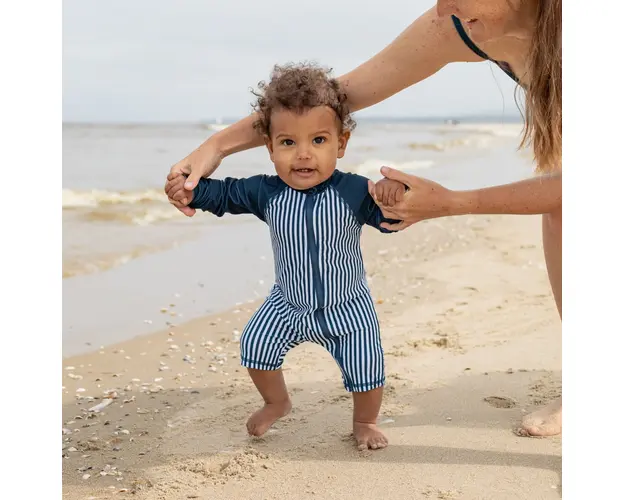 Costum de baie cu protectie solara UPF 50+, ZIPSTER - Nautical Stripes, Albastru Navy cu dungi, pentru baieti