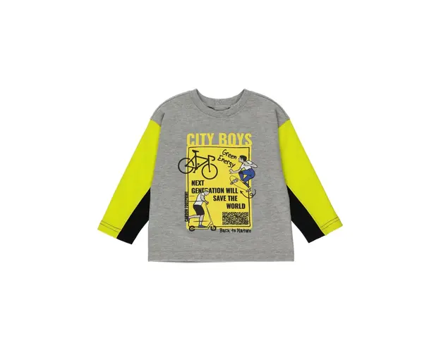 Bluza subtire cu maneca lunga imprimata PANCO - City Boys, Gri cu maneci Galbene, pentru baietei