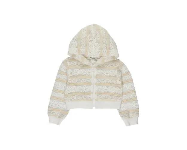 Jacheta crop din tesatura cu dantela PANCO - Lace Effect, Dungi Alb si Bej, pentru fetite