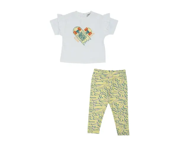 Set 2 piese: tricou si colanti imprimati inimioare PANCO - Keep Going, Alb si Galben, pentru fetite