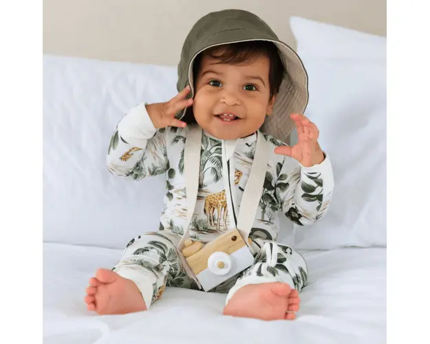 Pijamale lungi din bambus cu fermoar reversibil, ZIPSTER - Jungle, Alb si Verde, pentru baieti