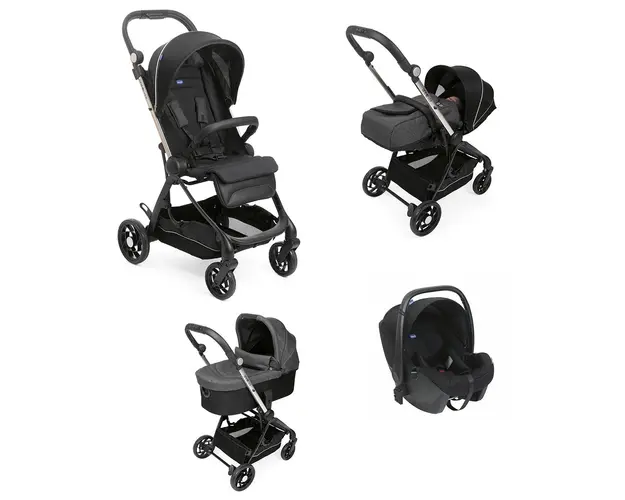 Carucior copii 4 in 1 Chicco One4Ever cu scaun auto Kory ISize, Pirate Black (Negru), de la nastere la 22Kg