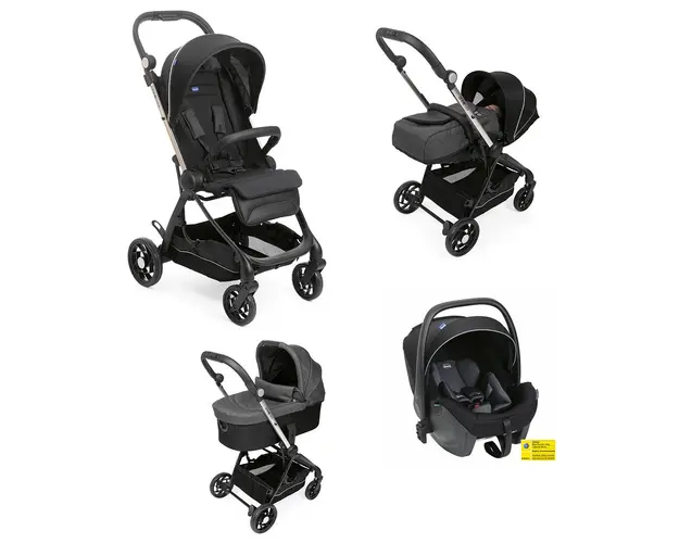Carucior copii 4 in 1 Chicco One4Ever cu scaun auto Kory Plus ISize, Pirate Black (Negru), de la nastere la 22Kg