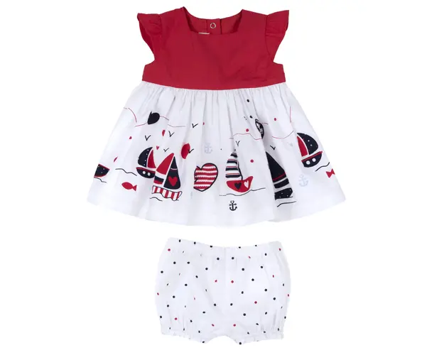 Costum copii Chicco, rochie si chilotei, alb cu rosu, 73748-64MFCO