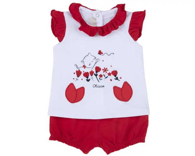 Costumas bebe Chicco, tricou si pantaloni, alb cu rosu, 77492
