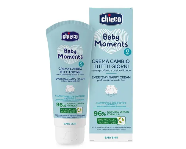 Crema protectie zilnica Chicco Baby Moments impotriva iritatiilor de la scutec, panthenol si vitamina E, 0luni+
