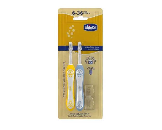 Periuta de dinti copii Chicco, set 2 bucati, indigo + mustar, 6-36 luni 