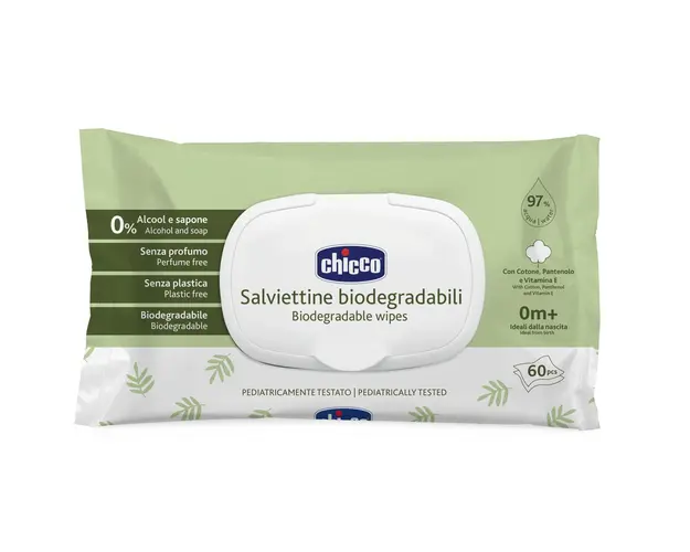 Servetele umede biodegradabile Chicco cu clapeta, fara alcool si sapun, 60bucati, 0luni+
