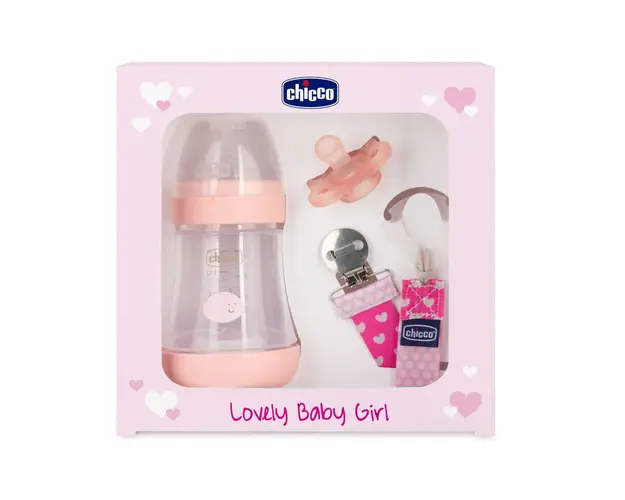 Set cadou Chicco Lovely Baby Boy (biberon, suzeta, lantisor), pink (roz), 0luni+