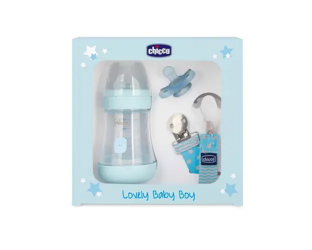 Set cadou Chicco Lovely Baby Boy (biberon, suzeta, lantisor), bleu (albastru), 0luni+