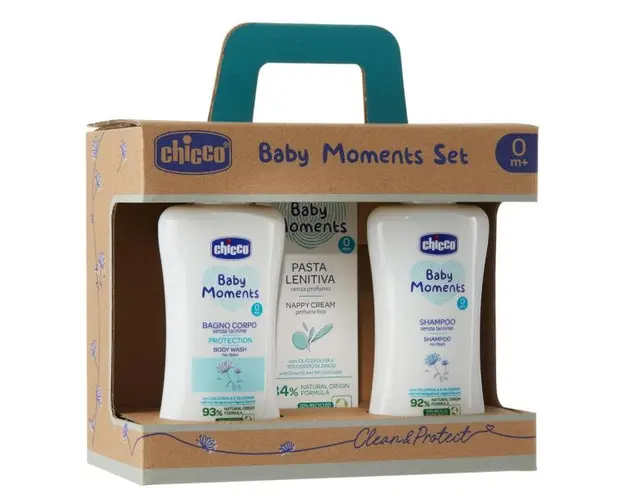 Set cadou cosmetice Chicco Baby Moments Skin Clean&Protect (gel de dus, sampon si crema iritatii scutec)