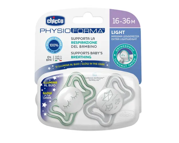 Suzeta Chicco PhysioPhorma Light Glow, 2bucati, unisex, 16-36luni
