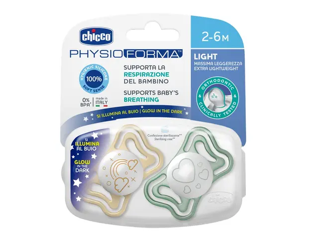 Suzeta Chicco PhysioPhorma Light Glow, 2bucati, unisex, 2-6luni