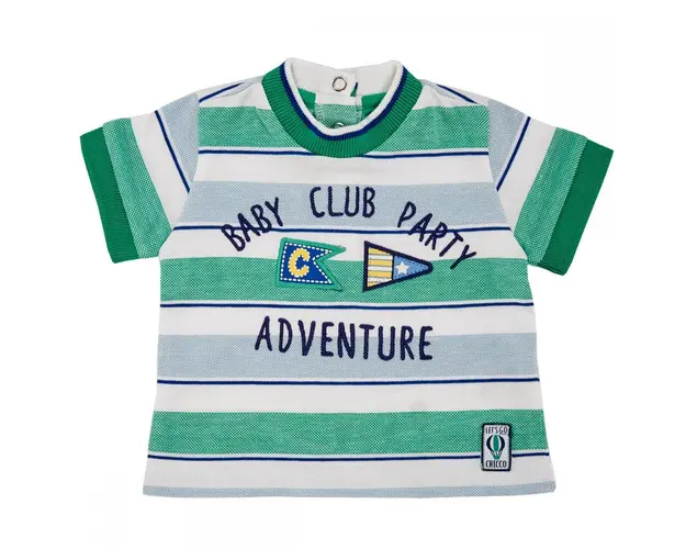Tricou maneca scurta copii Chicco, alb cu dungi bleu si verzi, 06235