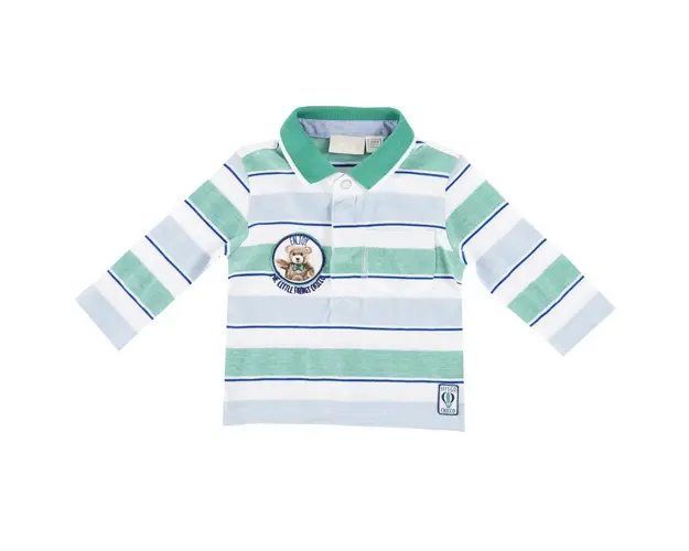 Tricou polo copii Chicco, maneca lunga, bleu cu dungi albe si verzi