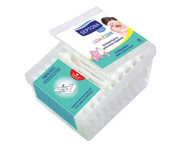 Betisoare de Urechi Biodegradabile pentru Copii - Septona Baby Calm'n'Care Biodegradable Safety Cotton Buds 100 Cotton, 50 buc