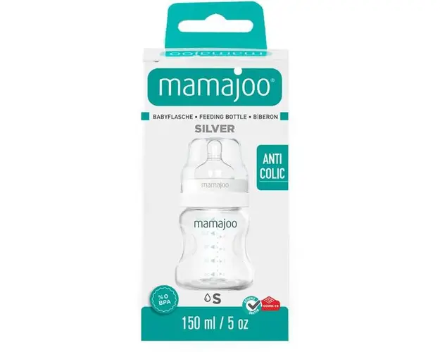 Biberon 150 ml &amp; Tetina Anti-Colici nr. 1/ S - Mamajoo Silver, 1 buc
